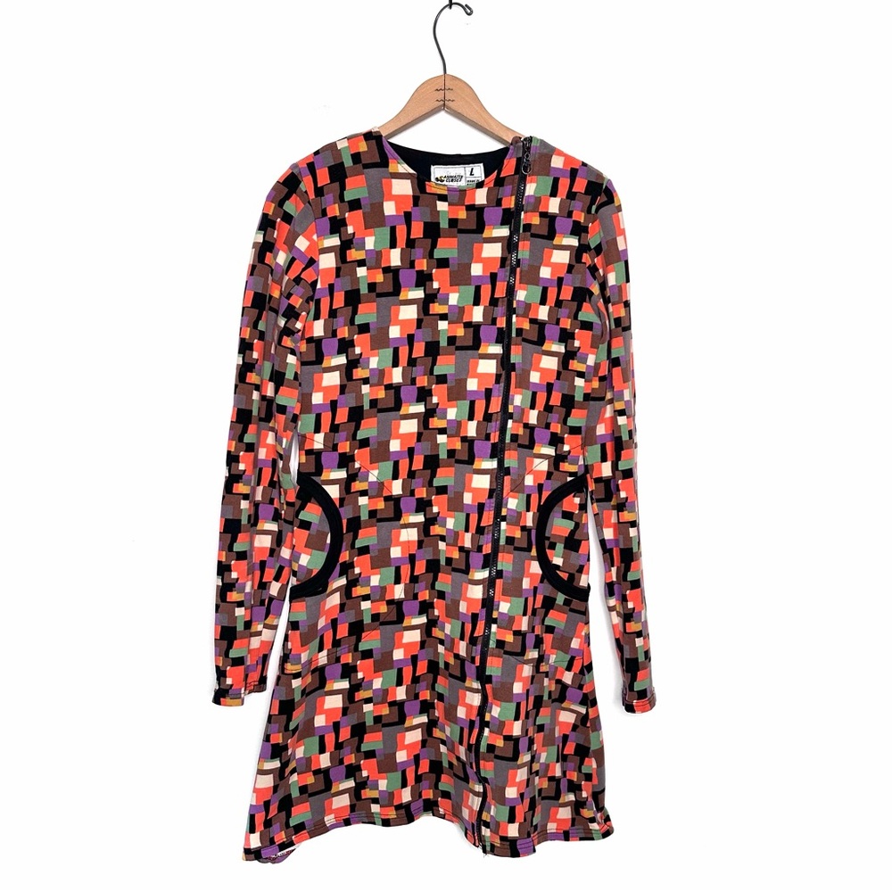 Animated Closet A-line Geometric Print Front Zipper Hooded Jacket Dress L